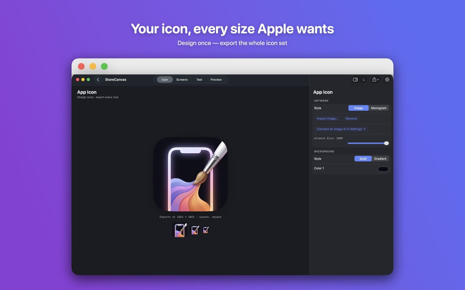 StoreCanvas Icon tab: the StoreCanvas icon on the canvas with 64, 40 and 29 px previews below. Headline: Your icon, every size Apple wants.